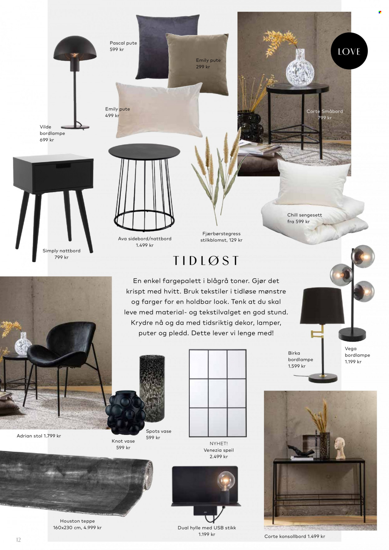 Kundeavis Skeidar - Produkter fra tilbudsaviser - nattbord, pledd, pute, stol, hylle, bordlampe, teppe. Side 12.