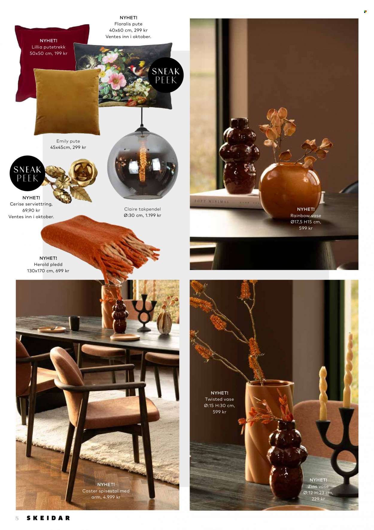 thumbnail - Kundeavis Skeidar - Produkter fra tilbudsaviser - pledd, putetrekk, pute, stol, spisestol, vase. Side 8.