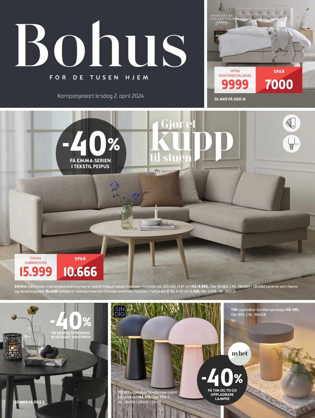 thumbnail - Kundeavis Bohus - 2.4.2024 - 5.5.2024 - Produkter fra tilbudsaviser - bord, spisebord, hjørnesofa, sofa, salongbord, seng, kontinentalseng, bordlampe. Side 1.