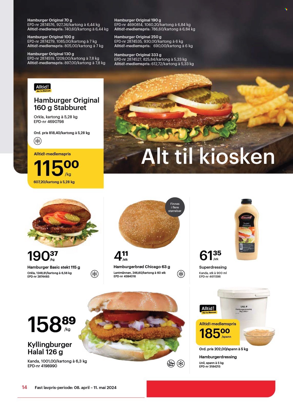 thumbnail - Kundeavis Storcash - 8.4.2024 - 11.5.2024 - Produkter fra tilbudsaviser - kyllingkjøtt, burger, kyllingburger, hamburgerbrød, burgerbrød. Side 14.