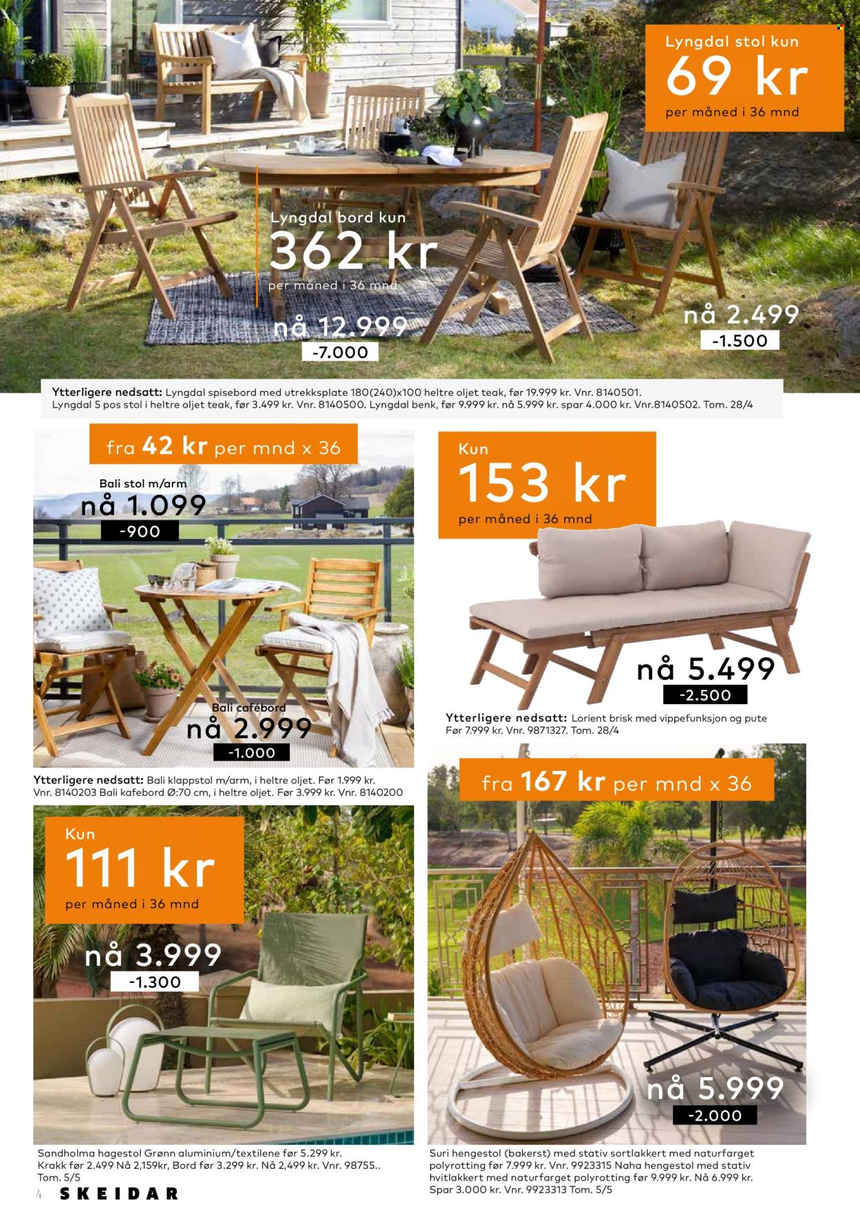 thumbnail - Kundeavis Skeidar - 21.4.2024 - 20.5.2024 - Produkter fra tilbudsaviser - bord, spisebord, krakk, stol, benk. Side 4.