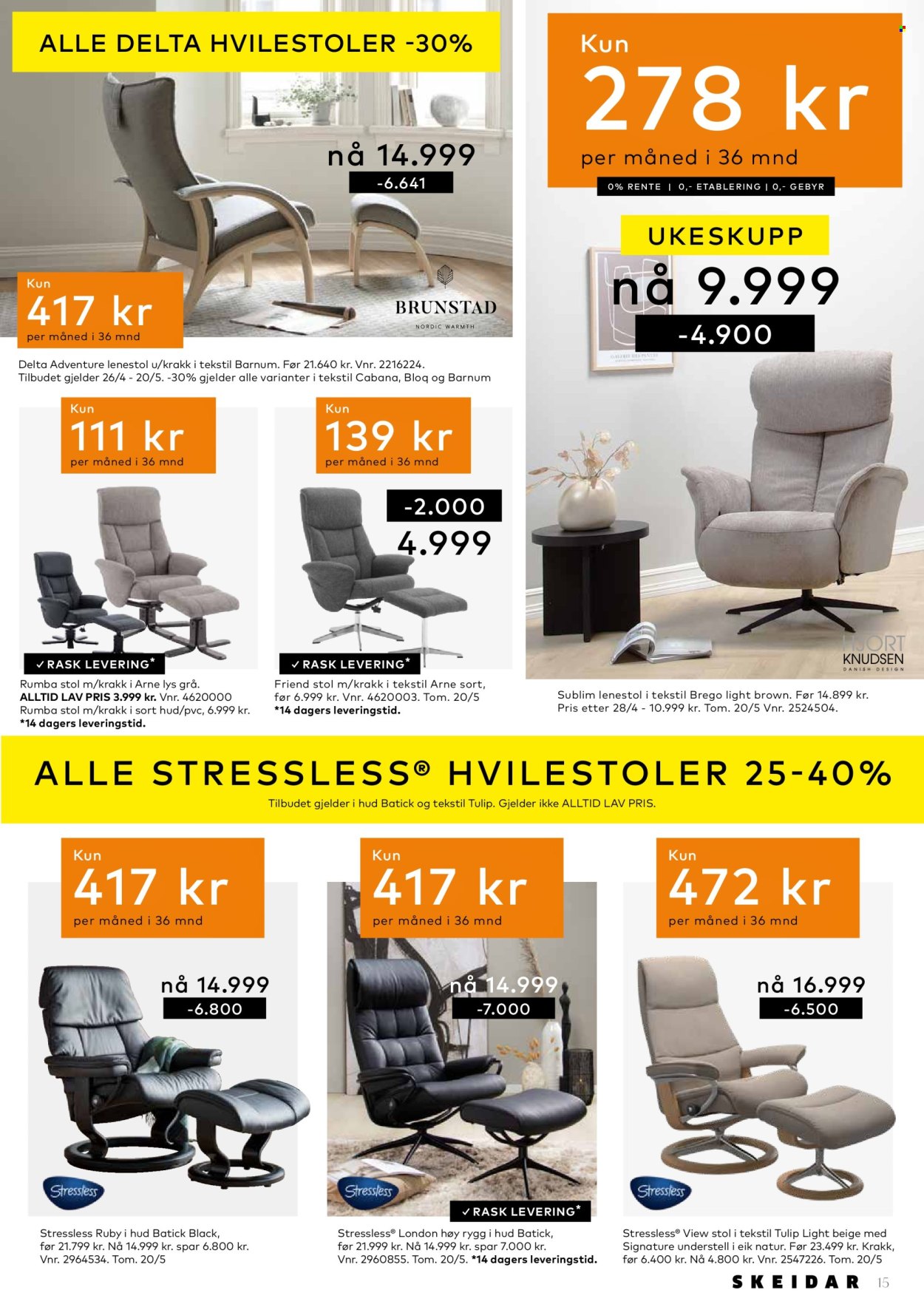 thumbnail - Kundeavis Skeidar - 21.4.2024 - 20.5.2024 - Produkter fra tilbudsaviser - stol, lenestol. Side 15.