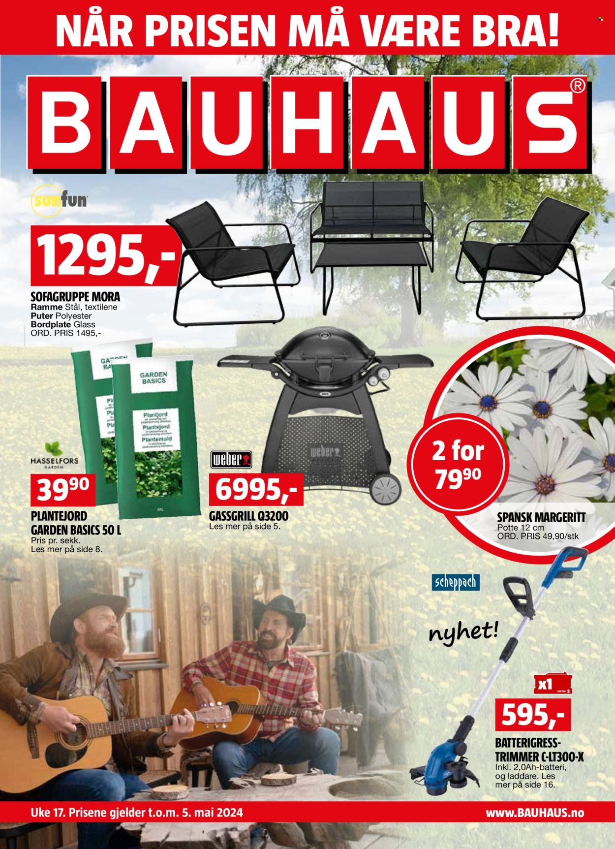thumbnail - Kundeavis Bauhaus - 22.4.2024 - 5.5.2024 - Produkter fra tilbudsaviser - glass, batteri, pute, sofa, sofagruppe, ramme, Weber. Side 1.