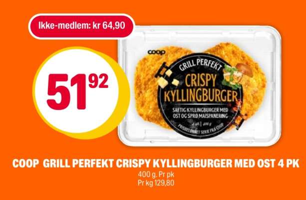 COOP GRILL PERFEKT CRISPY KYLLINGBURGER MED OST 4 PK