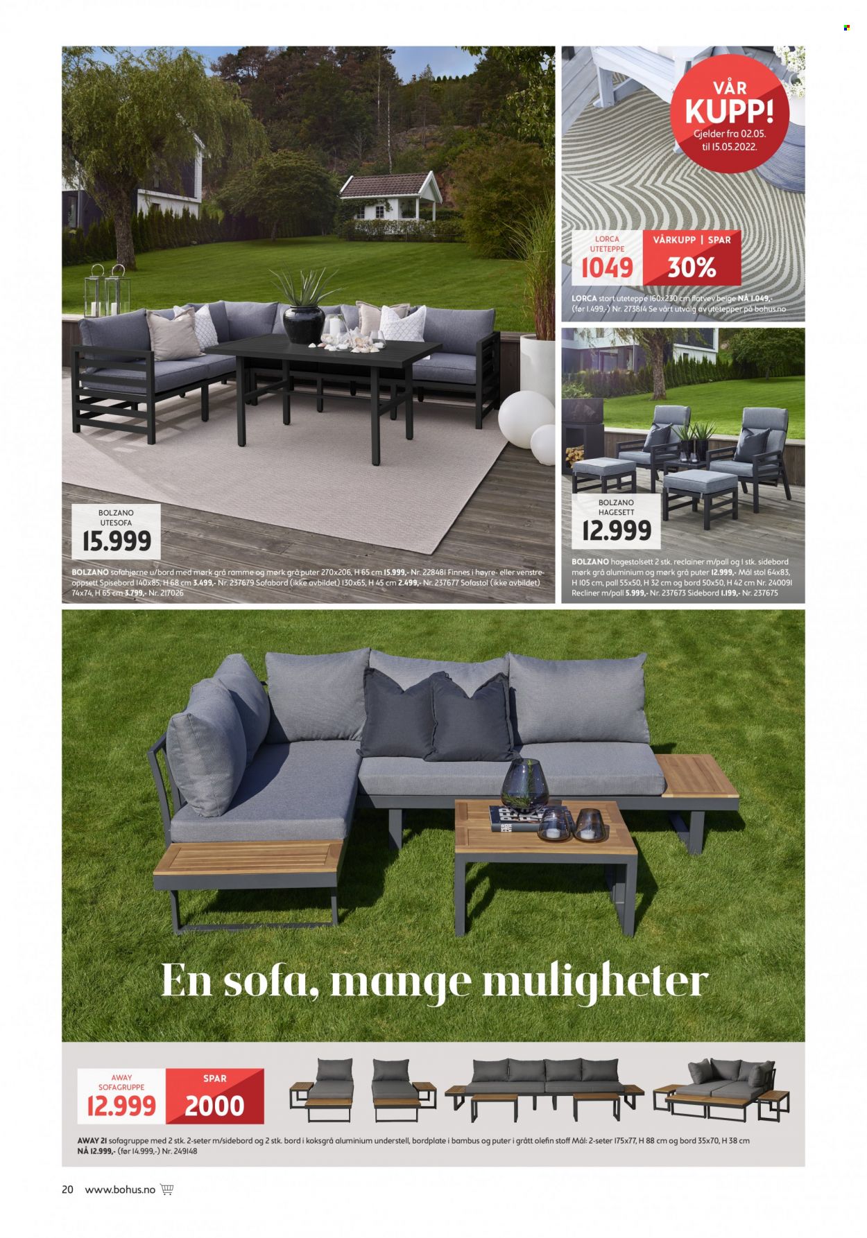 Kundeavis Bohus - 02.05.2022 - 12.06.2022 - Produkter fra tilbudsaviser - bord, puter, stol, spisebord, sofa. Side 20.