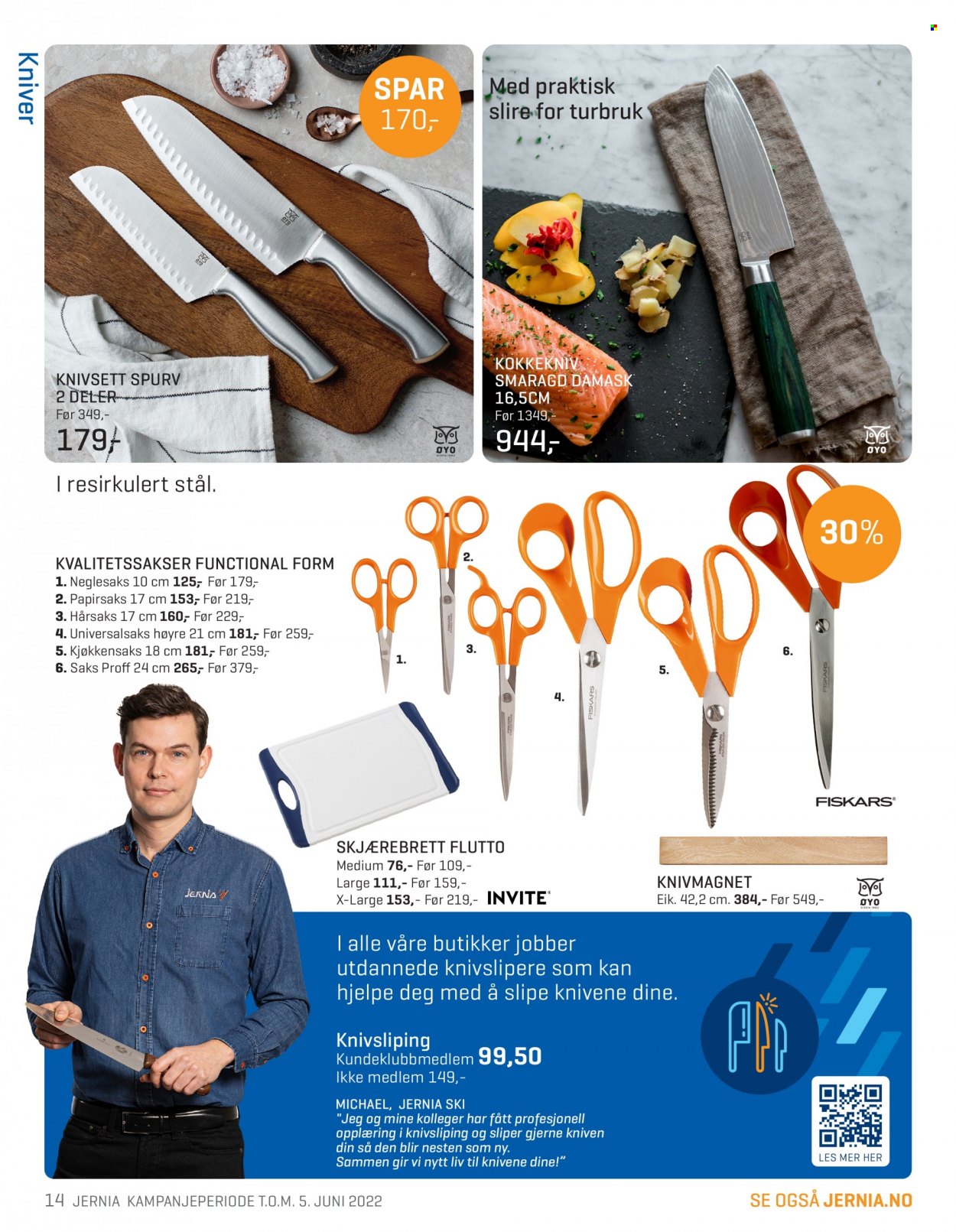 Kundeavis Jernia - 09.05.2022 - 05.06.2022 - Produkter fra tilbudsaviser - kniv, kokkekniv, ski, skjærebrett, sliper. Side 14.